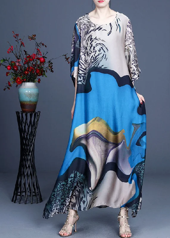 Best Deals On Women's Trendy Outfits – Don't Miss Out Boho Blue O-Neck Print Silk Vacation Dresses Bracelet Sleeve