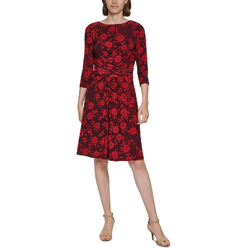 Women's Professional Attire Tommy Hilfiger Womens Petites Jersey Floral Fit & Flare Dress