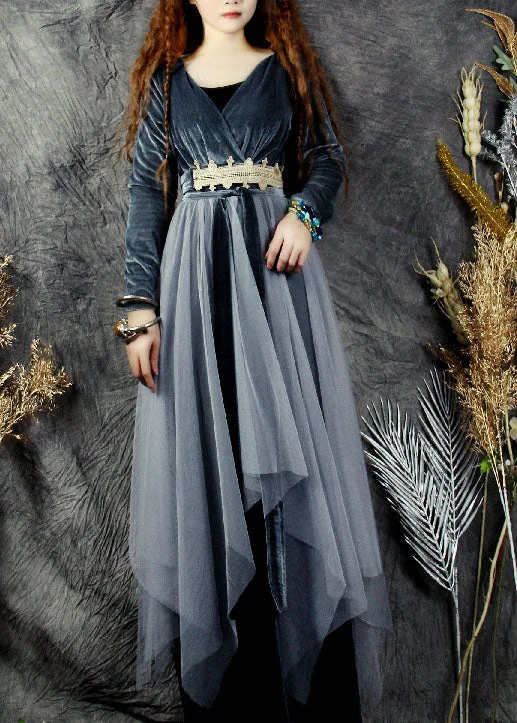 Women's Evening Outfit Fitted Blue V Neck Asymmetrical Tulle Patchwork Silk Velour Holiday Dress Spring Women's Evening Outfit Fitted Blue V Neck Asymmetrical Tulle Patchwork Silk Velour Holiday Dress Spring