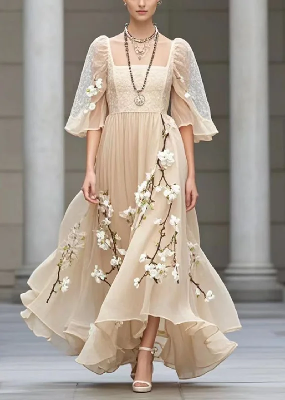 Flash Sale Fever Beautiful Khaki Puff Sleeve Three-dimensional Plum Blossom Chiffon Sundress Flash Sale Fever Beautiful Khaki Puff Sleeve Three-dimensional Plum Blossom Chiffon Sundress