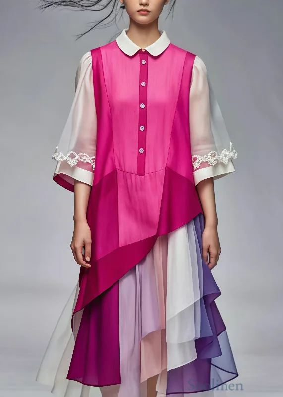 Women's Comfy Attire For Lounging Rose Patchwork Silk Dresses Peter Pan Collar Summer