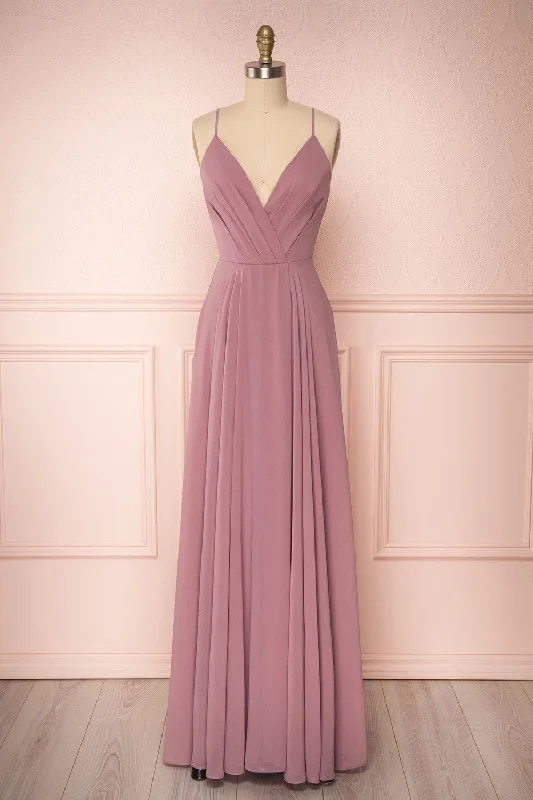 Women's Vintage Attire Aelis Mauve | Pleated Plunging V-Neckline Gown