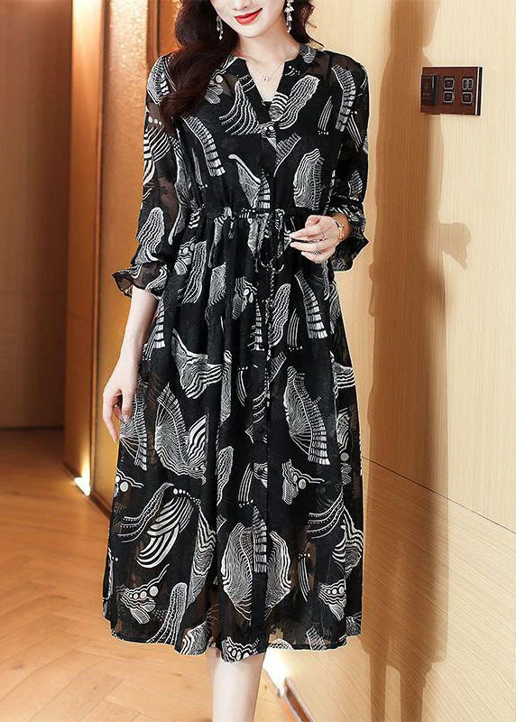 Hot Sale Casual Black V Neck Tie Waist Print Chiffon Holiday Dress Spring