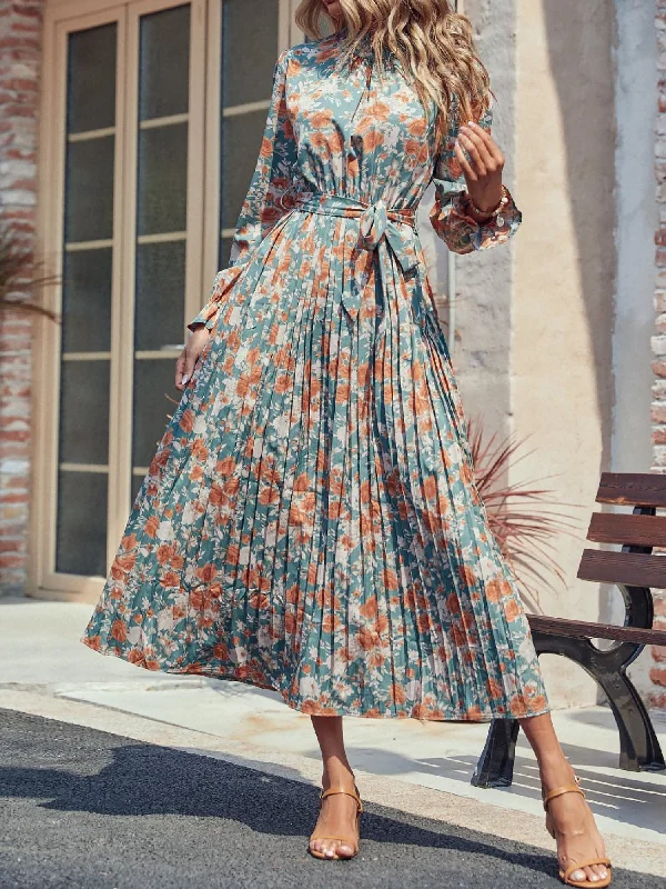 Women's Festive Attire Floral Pleated Long Sleeves Belted Midi Dress