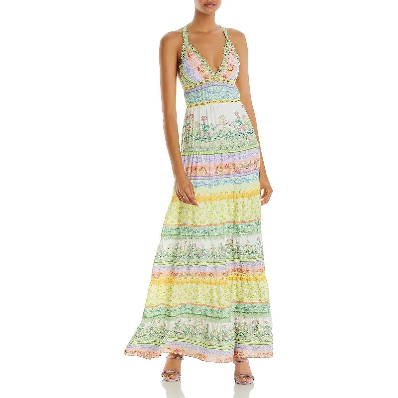 Weekend Sale Alice and Olivia Womens Floral Lace Trim Maxi Dress