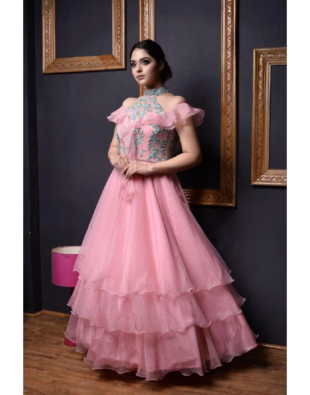 Women's Comfortable Apparel Kaynaat's Pink And Blue Organza Multi Layered Gowns for Rent