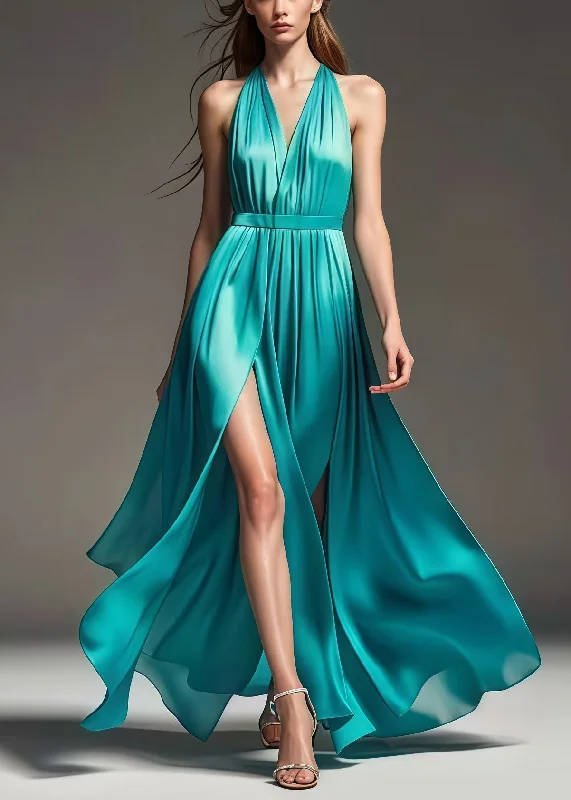 Women's Plus-Size Attire French Green Cold Shoulder Exra Large Hem Side Open Silk Full Dress Summer Women's Plus-Size Attire French Green Cold Shoulder Exra Large Hem Side Open Silk Full Dress Summer
