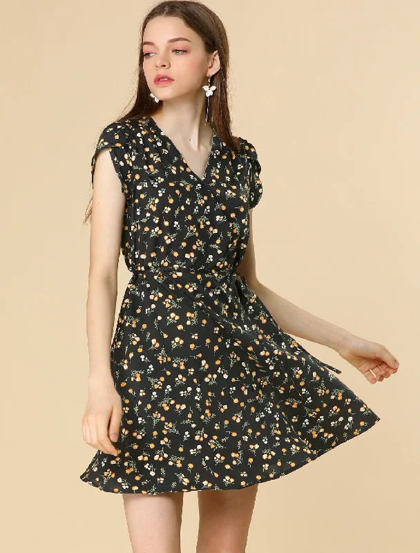 Women's Casual Apparel Boho Crossover V Neck Petal Sleeve Belted Floral Flowy Dress