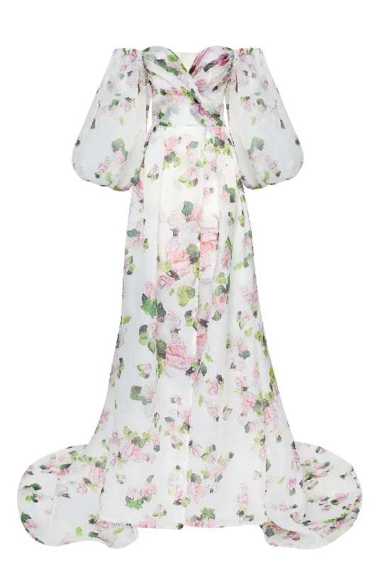 Sale Clearance Apple Blossom Elegant floral puff sleeve maxi dress