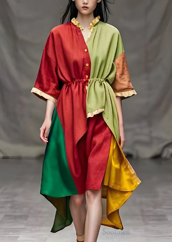 Sustainable Women's Apparel Italian Colorblock Ruffled Patchwork Low High Design Cotton Dresses Summer Sustainable Women's Apparel Italian Colorblock Ruffled Patchwork Low High Design Cotton Dresses Summer