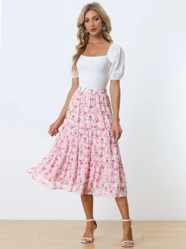 Classic Women's Clothing Styles Ruffle Boho Chiffon Floral Printed Long Tiered Midi Skirt