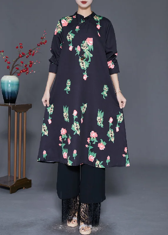 Sales Clothes Elegant Black Mandarin Collar Print A Line Dress Fall