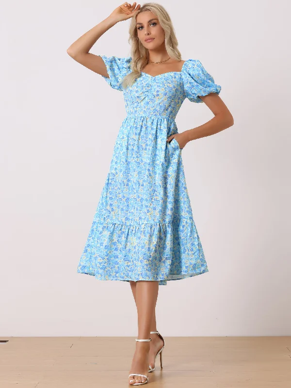 Clothes Of Woman Floral Puff Short Sleeve A-Line Casual midi Dress