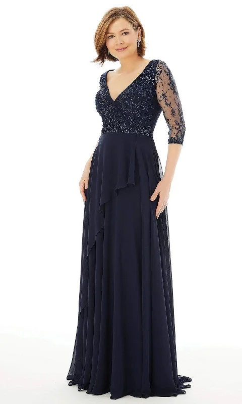 Women's Holiday Clothes MGNY By Mori Lee - 72208 Surplice V Neck Beaded Chiffon A-Line Gown