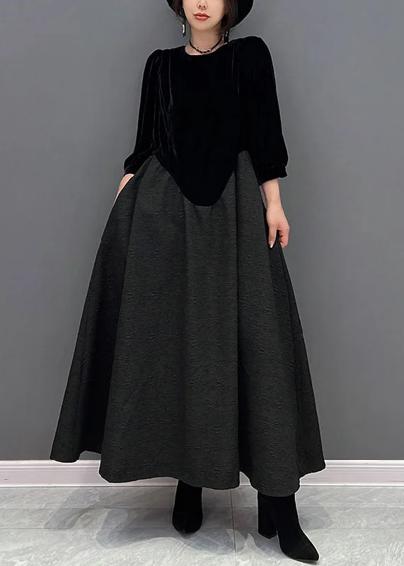 Women's Contemporary Apparel Fine Black O-Neck Asymmetrical Patchwork Silk Velour Dress Fall Women's Contemporary Apparel Fine Black O-Neck Asymmetrical Patchwork Silk Velour Dress Fall