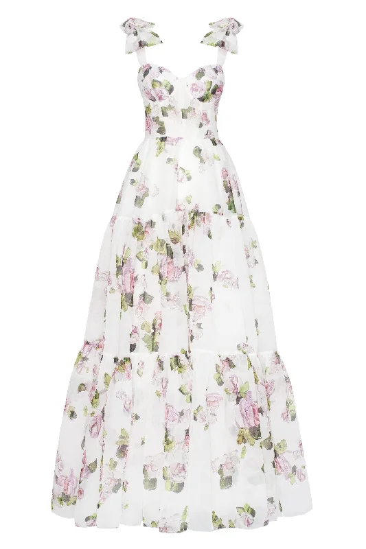 Trendy Women's Fashion Apple Blossom Tender floral maxi tie-strap dress