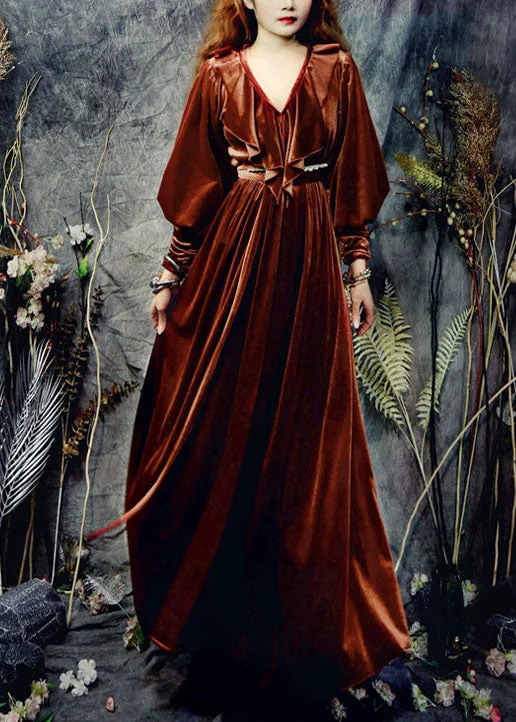 Trendy Threads Boutique Brick Red V Neck Ruffles Silk Velour Cinch Dresses Spring