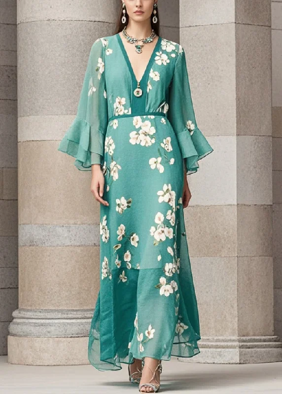 Clothes For Woman Beautiful Green Cinched Print Chiffon Dress Flare Sleeve