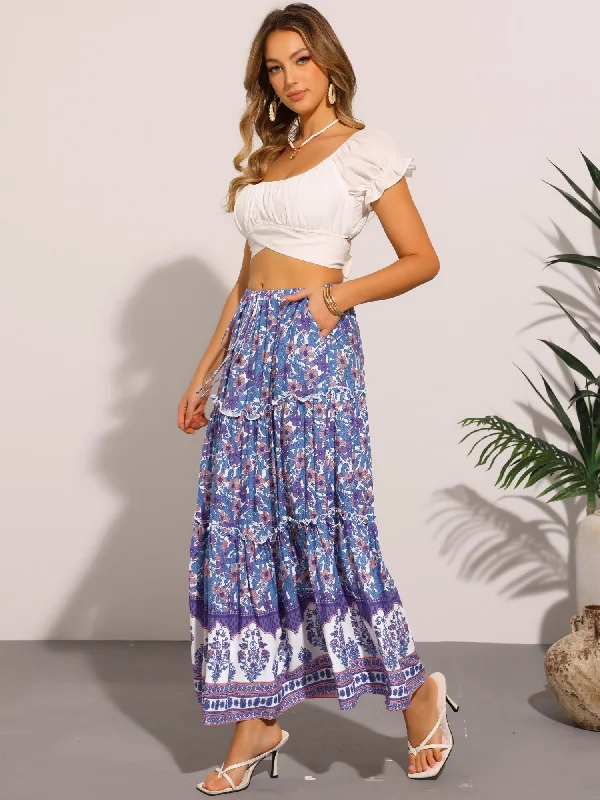 Women's Outerwear Garments Floral Boho Ruffled Tiered Pocketed Maxi Skirt