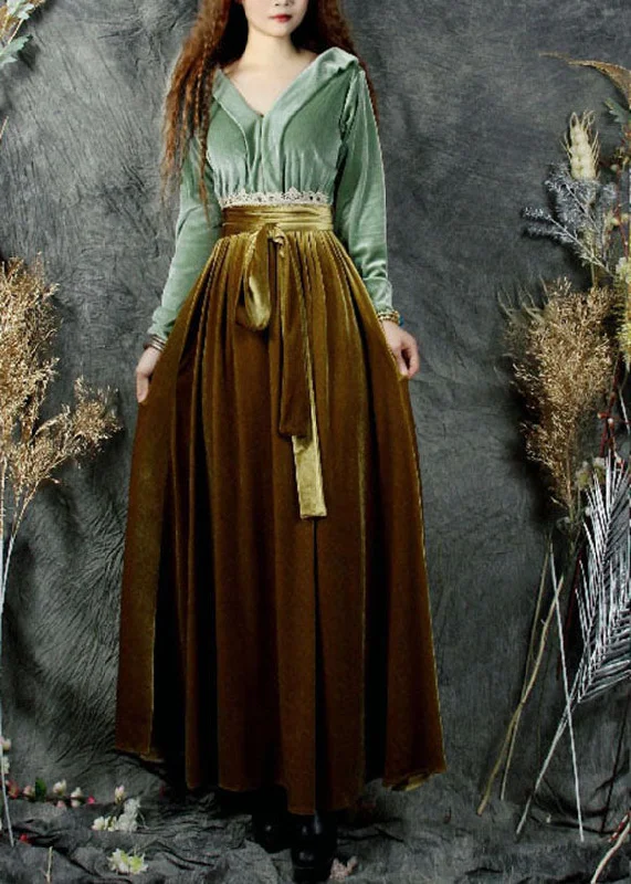 Women's Outerwear Apparel Organic Green V Neck Lace Patchwork Silk Velour Cinch Dress Spring Women's Outerwear Apparel Organic Green V Neck Lace Patchwork Silk Velour Cinch Dress Spring
