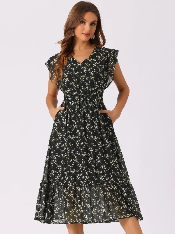 Affordable Women's Clothing Online Floral Flutter Sleeve Pockets Ruffled Chiffon Midi Dress