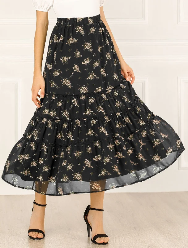 Women's Holiday Clothing Chiffon Floral Printed Long Tiered Ruffle Boho Midi Skirt