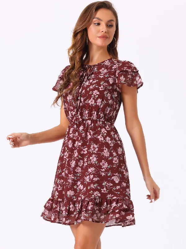 Affordable Online Boutiques Ruffle Sleeve V Neck Above Knee A-Line Floral Chiffon Dress