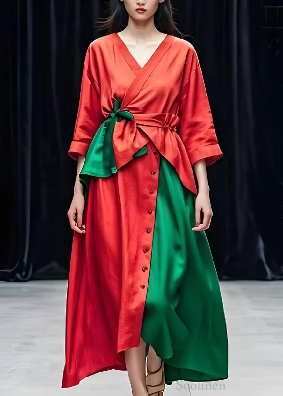 Women's Clothes For Outdoor Events Loose Red Asymmetrical Wrinkled Patchwork Cotton Dresses Summer Women's Clothes For Outdoor Events Loose Red Asymmetrical Wrinkled Patchwork Cotton Dresses Summer