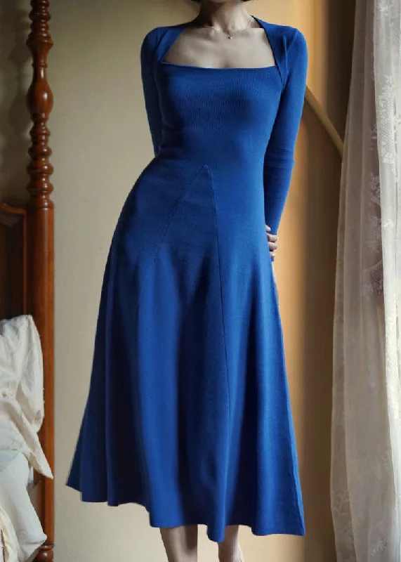 Stay Ahead In Style Blue Knit A Line Dress Square Collar Exra Large Hem Spring