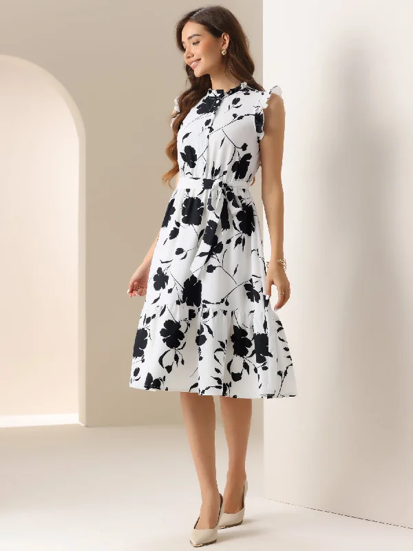 Vintage-Inspired Garments Floral Sleeveless Ruffle Neck Lace-Up Midi Dress