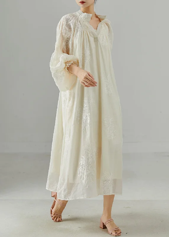 Trend Alert French Milk White Embroidered Silk Dresses Lantern Sleeve