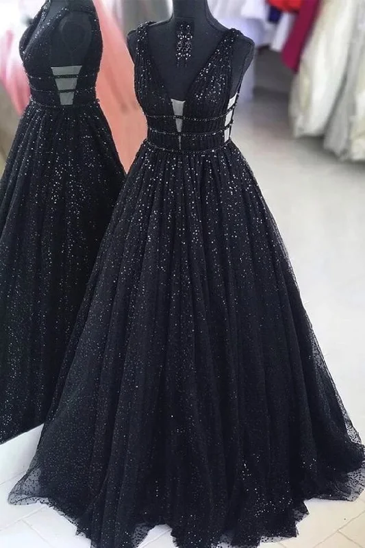 Affordable Women's Clothing Online Ball Gown Black Sparkle Prom Dress