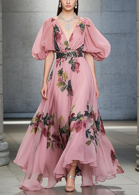 Women's Holiday Clothing Pink Print Silm Fit Chiffon Vacation Dresses Exra Large Hem Puff Sleeve
