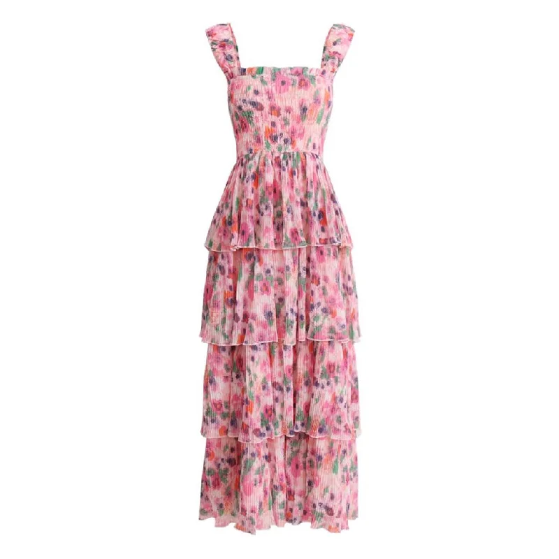 Women's Elegant Formal Outfit Romantic Square Neck Layered Ruffle Floral Print Midi Smocked Sundress