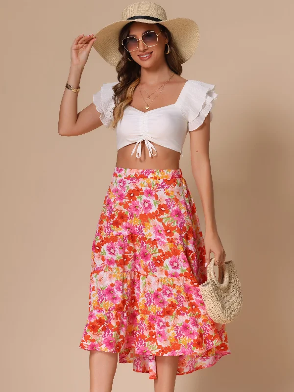 Elegant Women's Attire Floral Elastic Waist Irregular Hem Midi Skirt