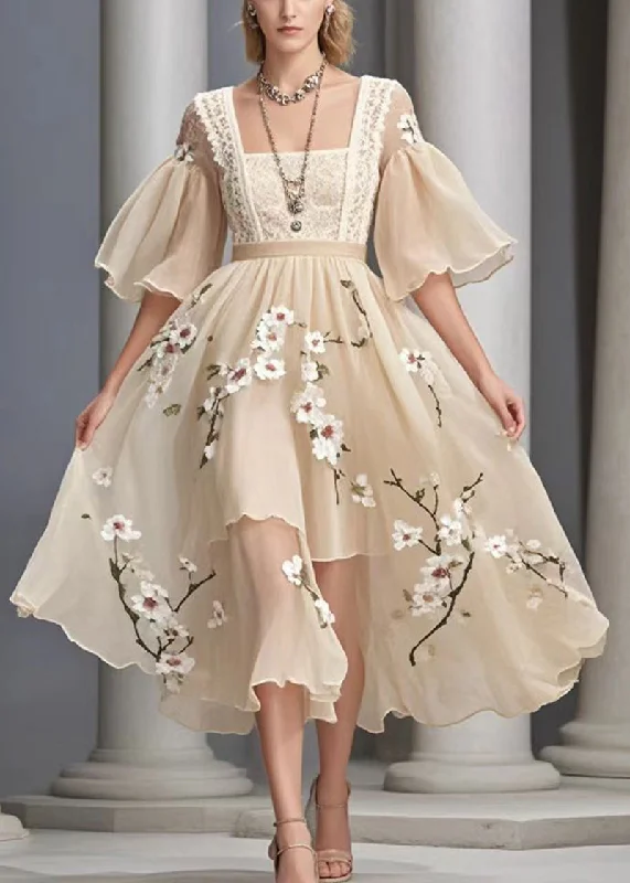Relaxed Style Handmade Khaki Plum Blossom Chiffon Vacation Dresses Summer