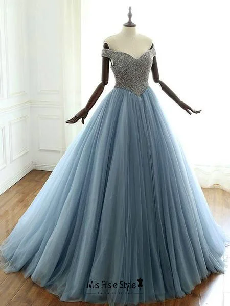 Sales For Clothes Ball Gown Off Shoulder Sleeve Beaded Dusty Blue Prom Gown