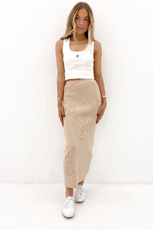 Women's Formal Event Outfit Henley Knit Skirt Oatmeal