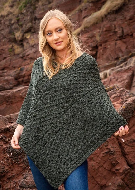 Women's Clothes Aran Merino Wool V Poncho | Army Green