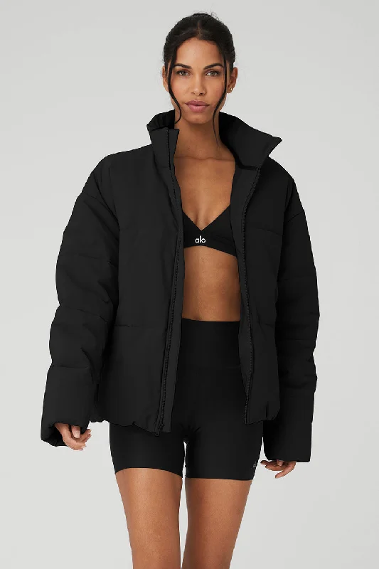 Women's Evening Wear Attire Stretch Woven Street Puffer - Black