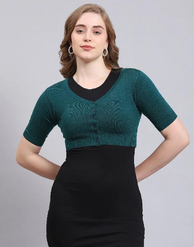 Women's Fashion Clothing Women Teal Blue Solid Front Open Half Sleeve Sweater