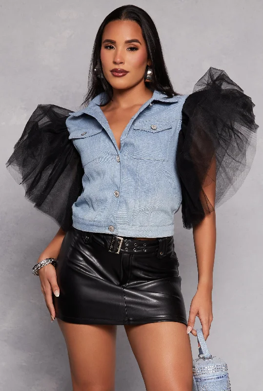 Women's Chic Outerwear Outfit Tulle Flutter Sleeve Denim Vest