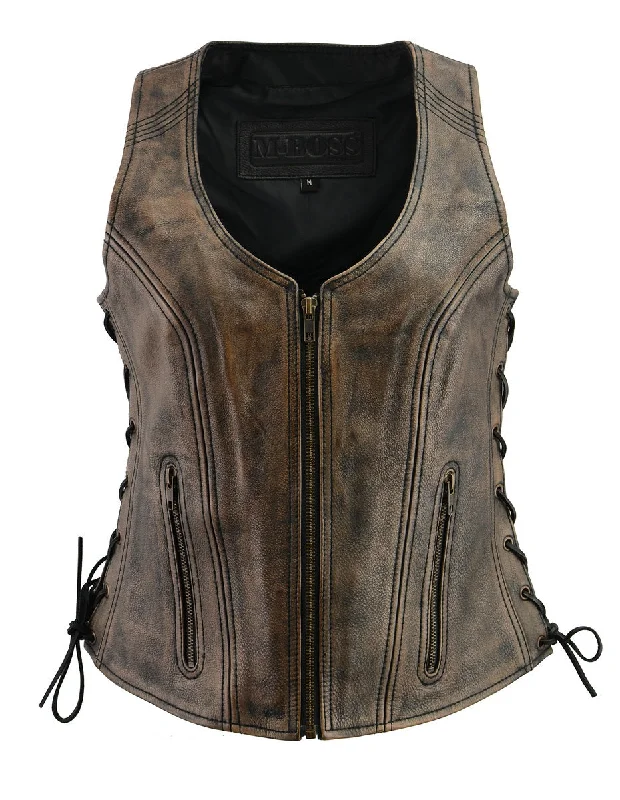 Fashionable Women's Outfit M Boss Motorcycle Apparel BOS24503 Ladies Black and Beige Leather Side Lace Zipper Front Vest