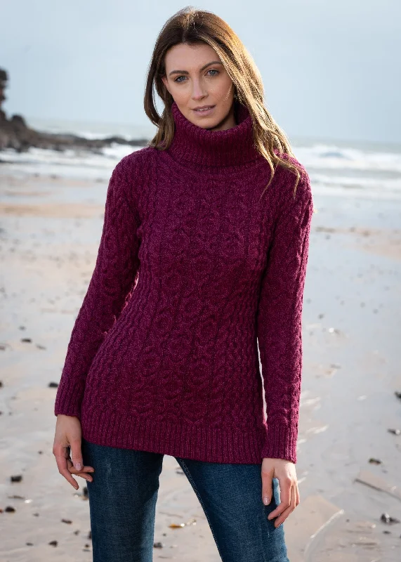 Trendy Outfits For Girls Aran Chunky Cowl Neck Sweater | Raspberry Marl