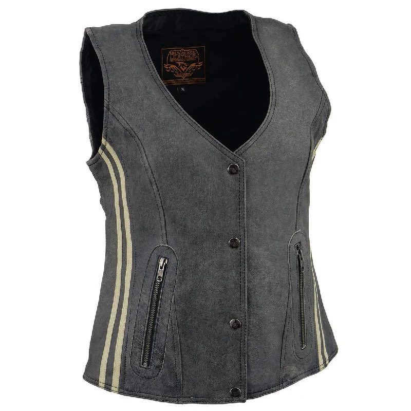 Women's Seasonal Attire Milwaukee Leather MLL4506 Women's Grey Leather Vintage Slate Snap Front Vest with Racing Stripes