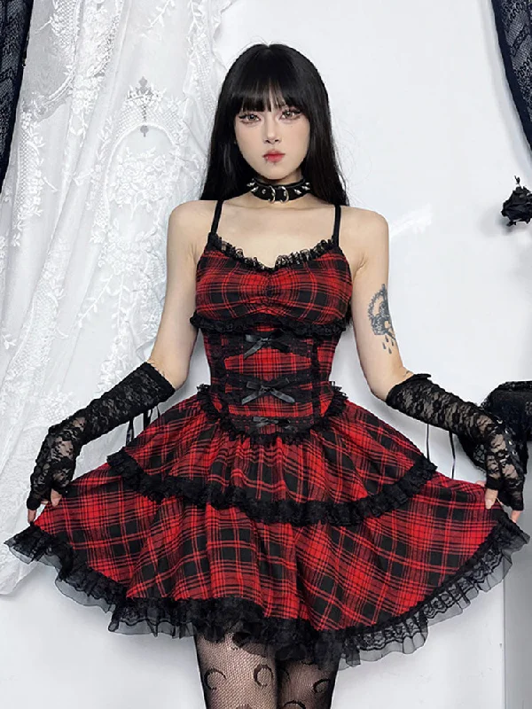 Classic Women's Apparel Plaid Mall Goth Grunge Punk Black Emo Party Lace Up Backless Mini Dress A-Line Dress