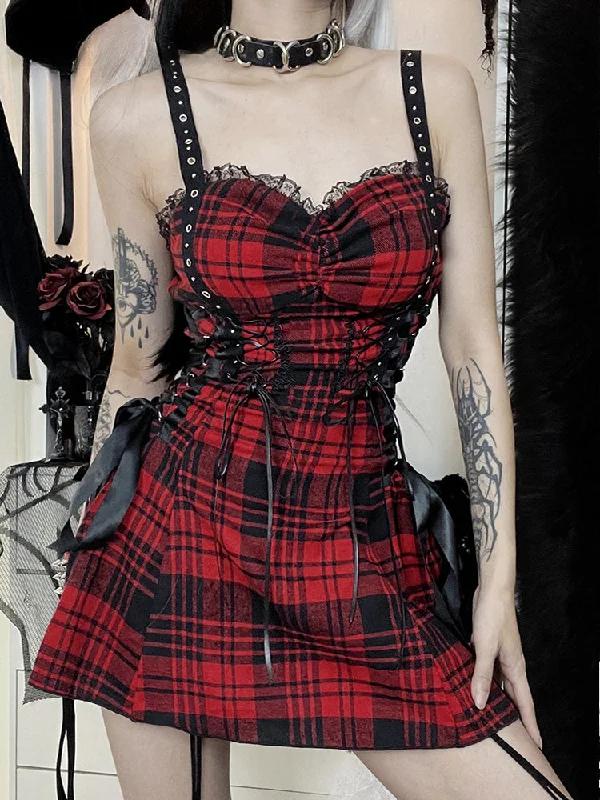 Women's Transitional Apparel Red Plaid Street Goth Fairy Grunge Y2K Pleated Lace-Up Tube Lolita Eyelet Corset Mini Dress