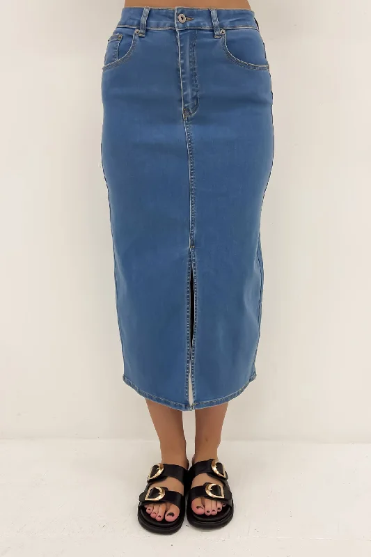 Women's Elegant Apparel Alivia Denim Midi Skirt Dark Blue