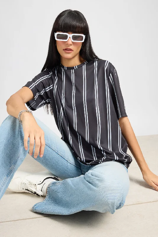 Women's Holiday Apparel Printed Women's T-Shirt - Black/White Stripes