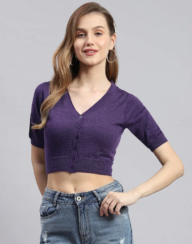 Formal Outfit For Women Women Purple Solid V Neck Half Sleeve Sweater